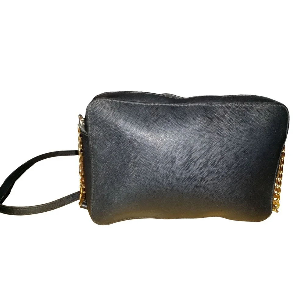 Michael Kors Jet Set Black Saffiano Leather Crossbody Bag Gold Chain Strap Purse